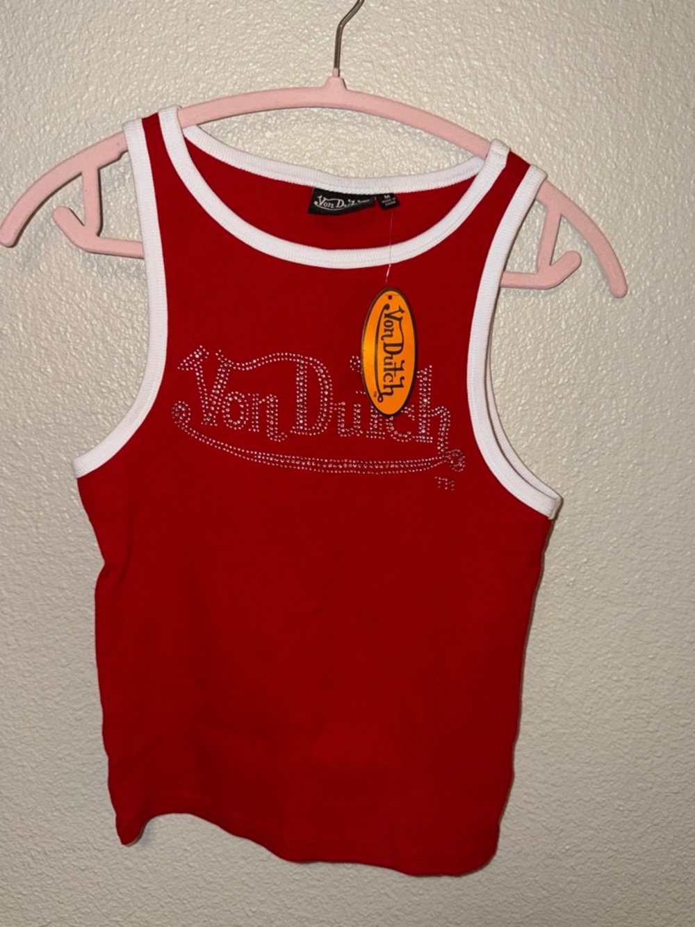 Von Dutch Red Tank with White Trim and Rhinestone Logo